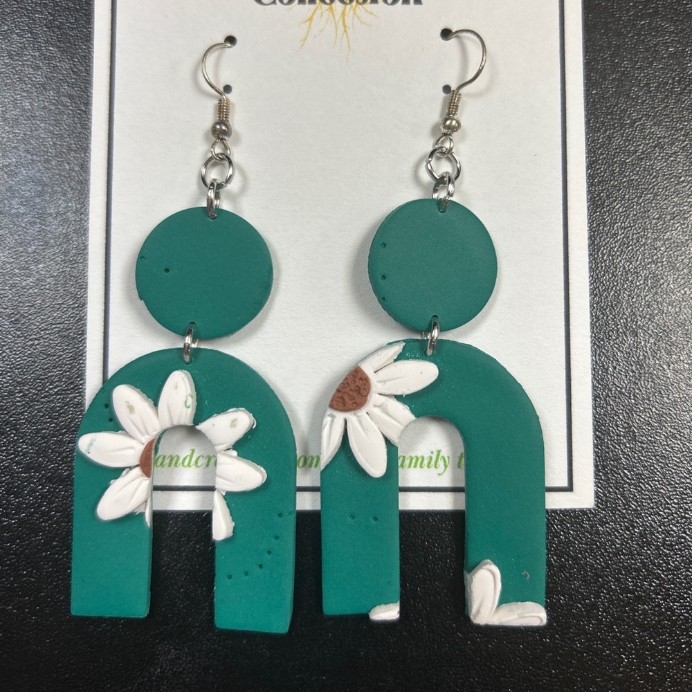 TomUs5 Collection teal and white sunflower polymer clay earrings.